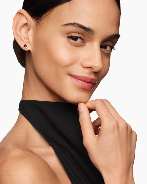 Womens Petite Chatelaine® Pavé Bezel Stud Earrings in 18ct Yellow Gold with Garnet and Diamonds, 5mm