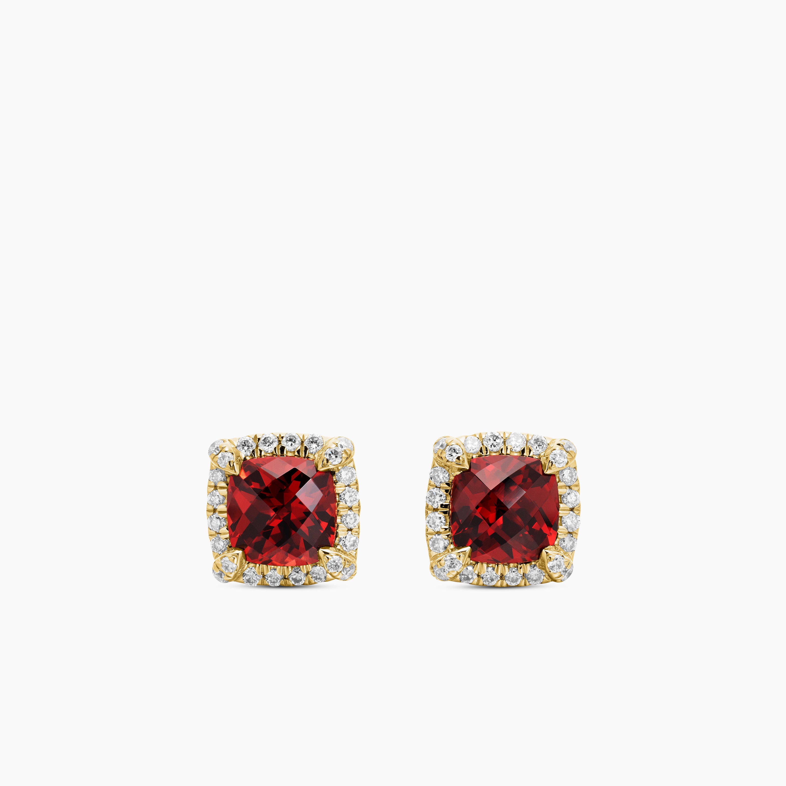 Womens Petite Chatelaine&reg; Pav&eacute; Bezel Stud Earrings in 18K Yellow Gold with Garnet and Diamonds, 5mm