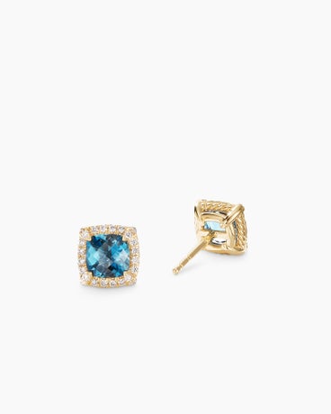 Petite Chatelaine® Pavé Bezel Stud Earrings in 18K Yellow Gold with Hampton Blue Topaz and Diamonds, 5mm