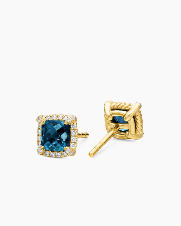 David Yurman | Petite Chatelaine® Pavé Bezel Stud Earrings in 18K Yellow Gold with Hampton Blue Topaz and Diamonds, 5mm