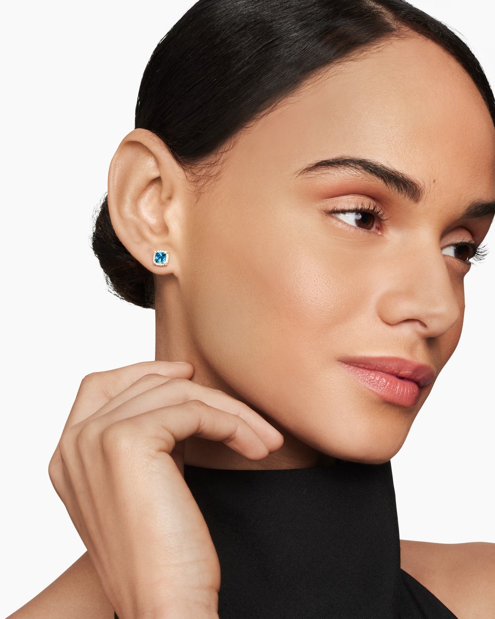 Womens Petite Chatelaine® Pavé Bezel Stud Earrings in 18ct Yellow Gold with Hampton Blue Topaz and Diamonds, 5mm