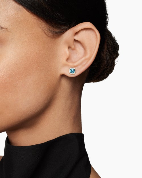 Womens Petite Chatelaine® Pavé Bezel Stud Earrings in 18K Yellow Gold with Hampton Blue Topaz and Diamonds, 5mm
