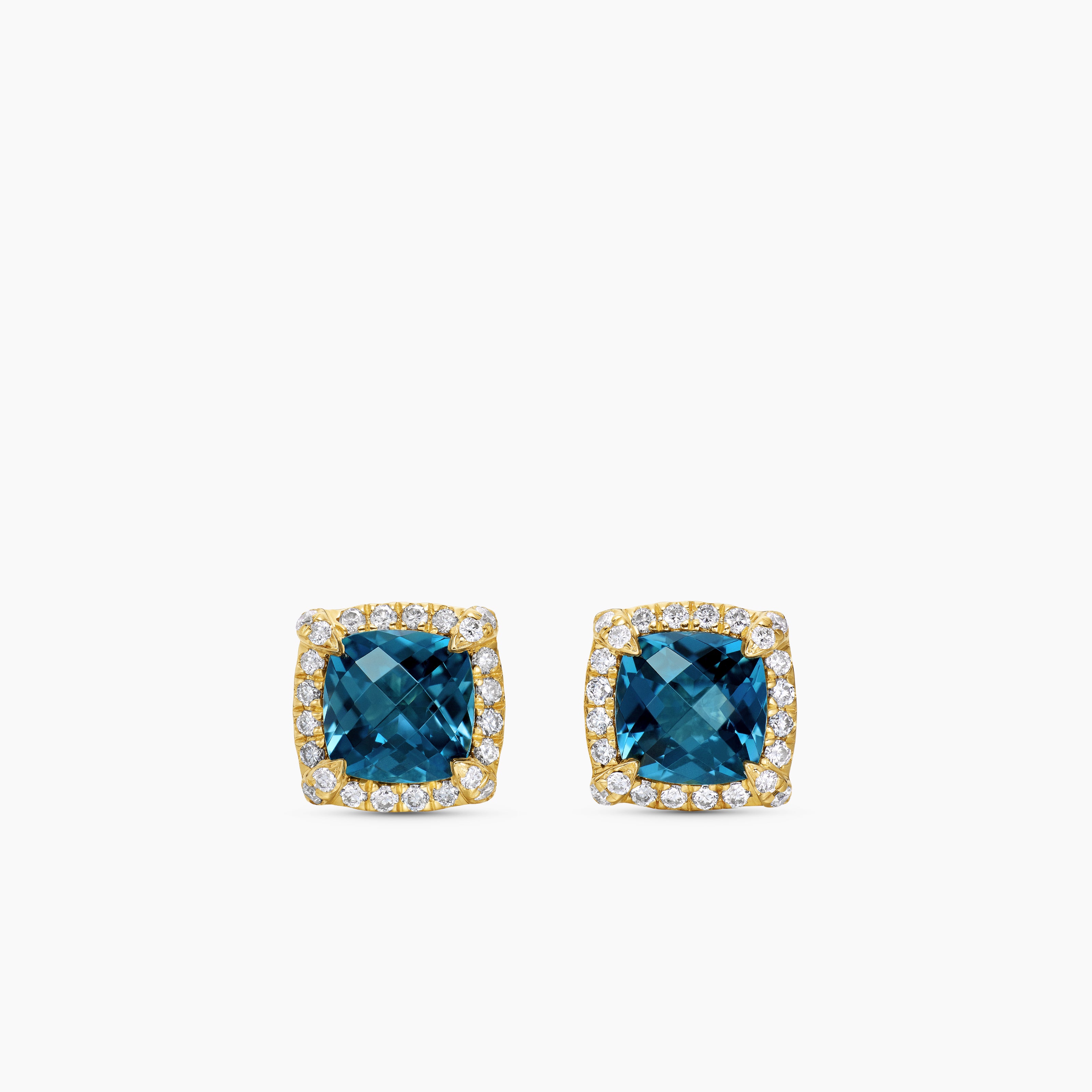 Womens Petite Chatelaine&reg; Pav&eacute; Bezel Stud Earrings in 18K Yellow Gold with Hampton Blue Topaz and Diamonds, 5mm