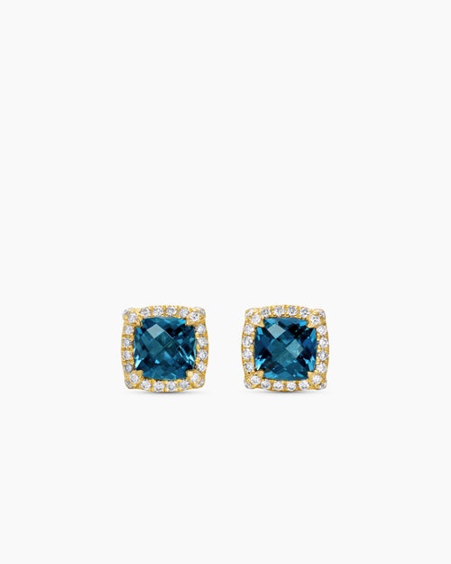 Womens Petite Chatelaine® Pavé Bezel Stud Earrings in 18ct Yellow Gold with Hampton Blue Topaz and Diamonds, 5mm