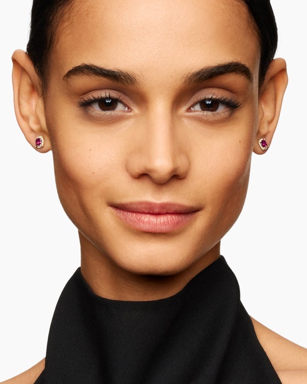 Petite Chatelaine® Pavé Bezel Stud Earrings in 18K Yellow Gold with Pink Tourmaline and Diamonds, 5mm