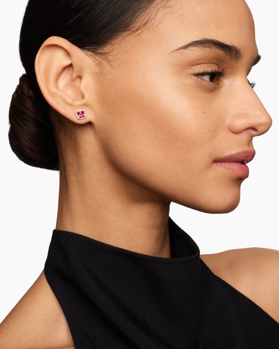 Petite Chatelaine® Pavé Bezel Stud Earrings in 18K Yellow Gold with Pink Tourmaline and Diamonds, 5mm