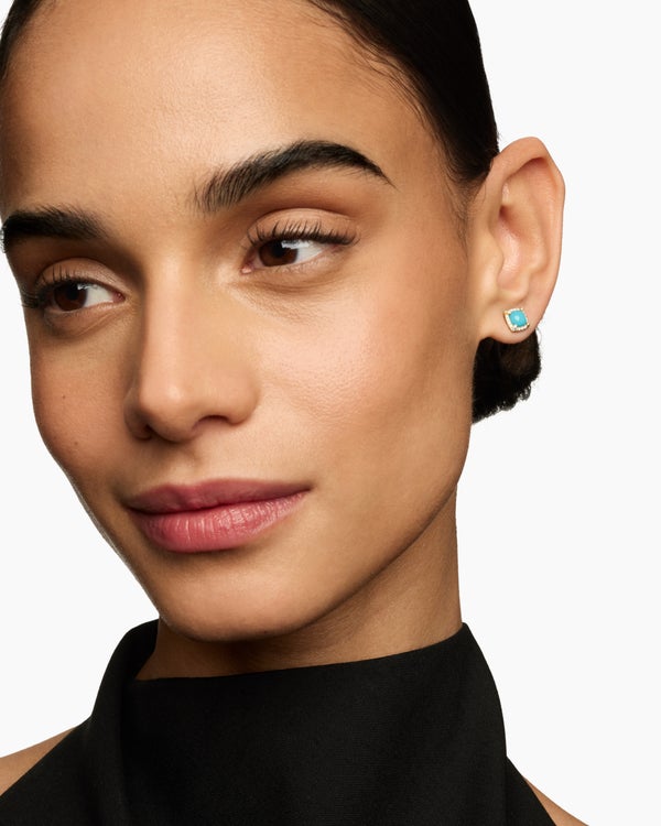 Petite Chatelaine® Pavé Bezel Stud Earrings in 18K Yellow Gold with Turquoise and Diamonds, 5mm