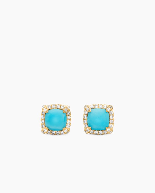 Petite Chatelaine® Pavé Bezel Stud Earrings in 18K Yellow Gold with Turquoise and Diamonds, 5mm