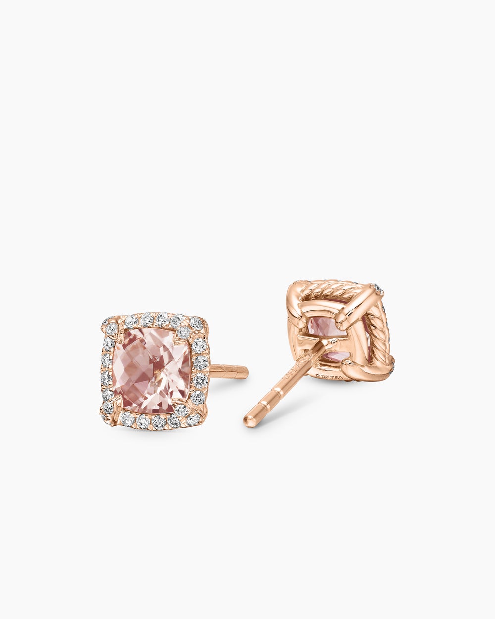 Womens Petite Chatelaine® Pavé Bezel Stud Earrings in 18K Rose Gold with Morganite and Diamonds, 5mm