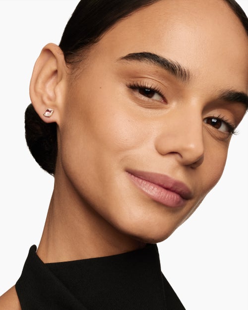 Womens Petite Chatelaine® Pavé Bezel Stud Earrings in 18K Rose Gold with Morganite and Diamonds, 5mm