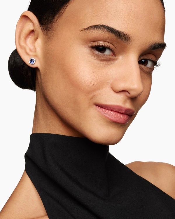 Petite Chatelaine® Pavé Bezel Stud Earrings in 18K White Gold with Tanzanite and Diamonds, 5mm