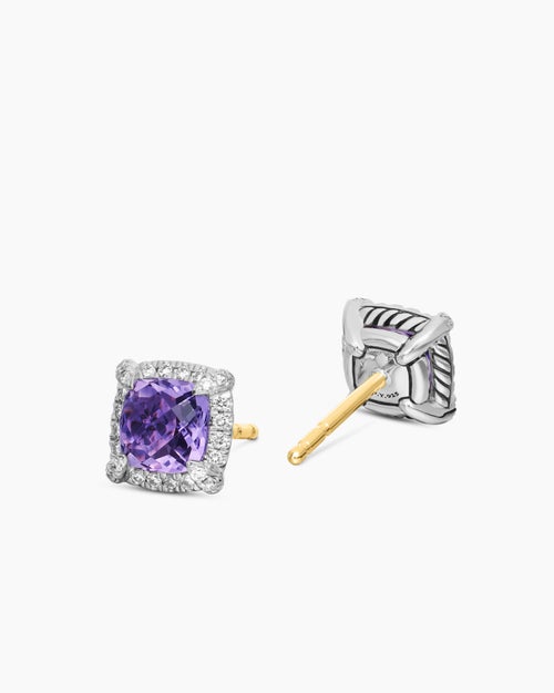 Womens Petite Chatelaine® Pavé Bezel Stud Earrings in Sterling Silver with Amethyst and Diamonds, 5mm