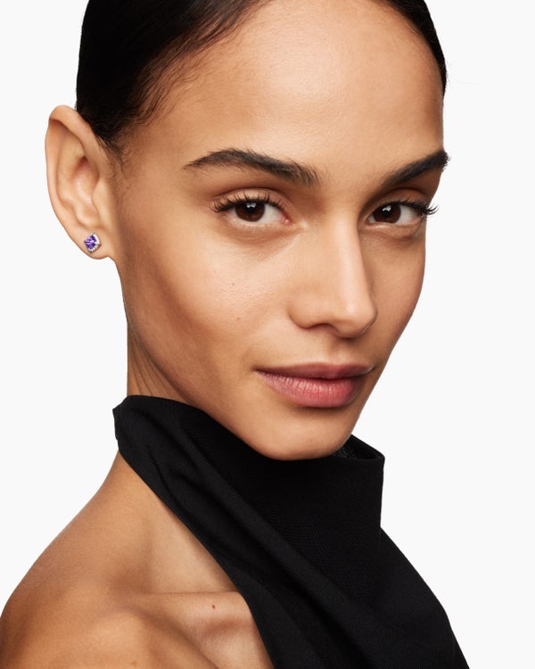 Petite Chatelaine® Pavé Bezel Stud Earrings in Sterling Silver with Amethyst and Diamonds, 5mm