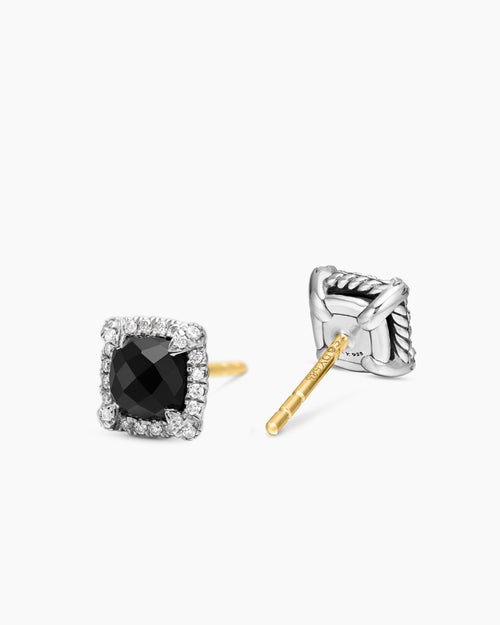 Womens Petite Chatelaine® Pavé Bezel Stud Earrings in Sterling Silver with Black Onyx and Diamonds, 5mm