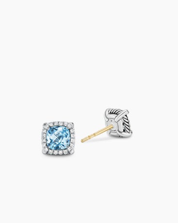 Petite Chatelaine® Pavé Bezel Stud Earrings in Sterling Silver with Blue Topaz and Diamonds, 5mm
