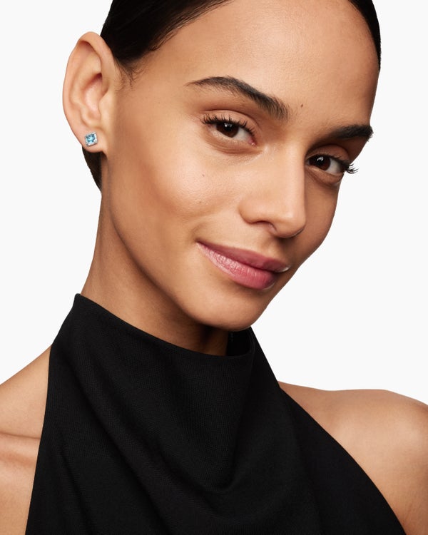 Petite Chatelaine® Pavé Bezel Stud Earrings in Sterling Silver with Blue Topaz and Diamonds, 5mm