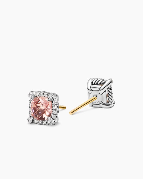 Womens Petite Chatelaine® Pavé Bezel Stud Earrings in Sterling Silver with Morganite and Diamonds, 5mm