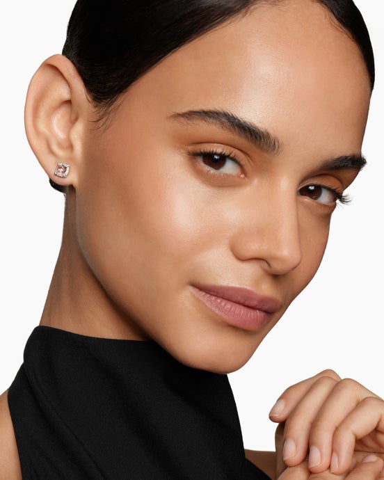 Clous d’oreilles à chatons pavés Châtelaine® de petite taille, en argent massif avec morganite et pavé de diamants, 5 mm