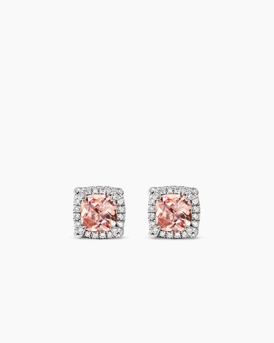 Clous d’oreilles à chatons pavés Châtelaine® de petite taille, en argent massif avec morganite et pavé de diamants, 5 mm