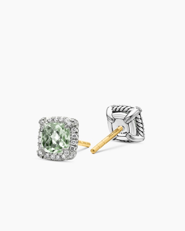 Petite Chatelaine® Pavé Bezel Stud Earrings in Sterling Silver with Prasiolite and Diamonds, 5mm