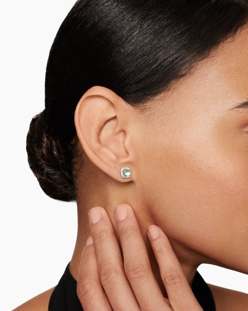 Womens Petite Chatelaine® Pavé Bezel Stud Earrings in Sterling Silver with Prasiolite and Diamonds, 5mm