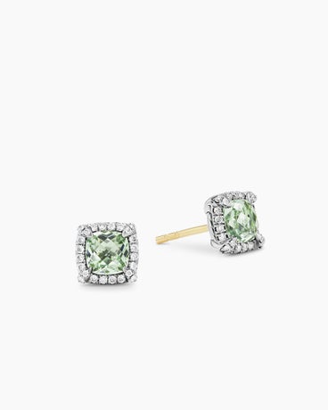 Petite Chatelaine® Pavé Bezel Stud Earrings in Sterling Silver with Prasiolite and Diamonds, 5mm