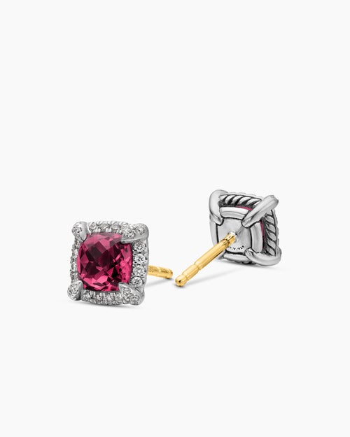 Womens Petite Chatelaine® Pavé Bezel Stud Earrings in Sterling Silver with Rhodolite Garnet and Diamonds, 5mm