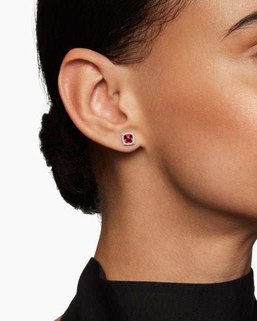 Womens Petite Chatelaine® Pavé Bezel Stud Earrings in Sterling Silver with Rhodolite Garnet and Diamonds, 5mm
