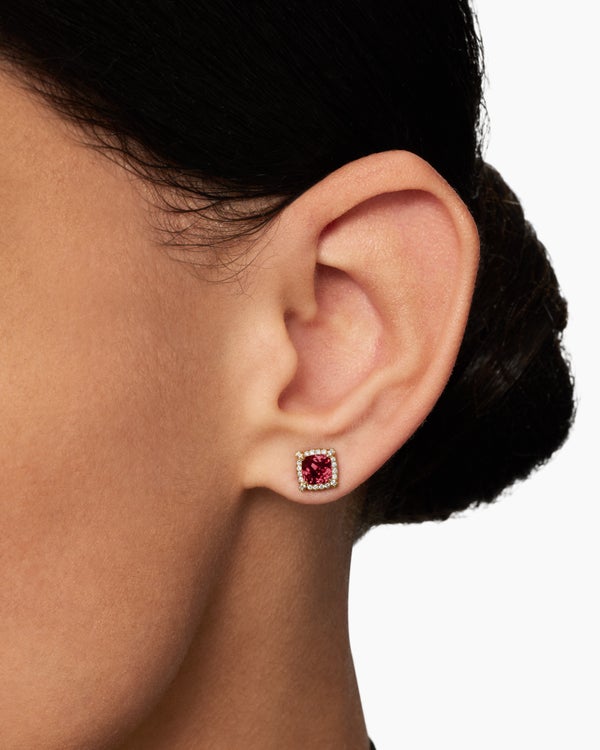 Petite Chatelaine® Pavé Bezel Stud Earrings in Sterling Silver with Rhodolite Garnet and Diamonds, 5mm