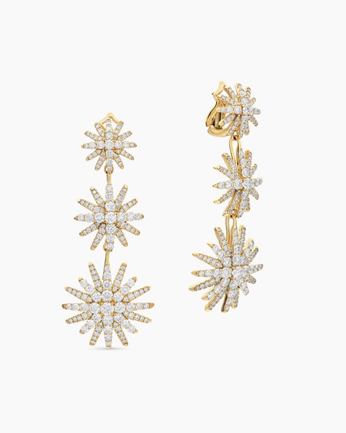 Womens Starburst Triple Drop Earrings in 18K Yellow Gold with Diamonds, 51mm