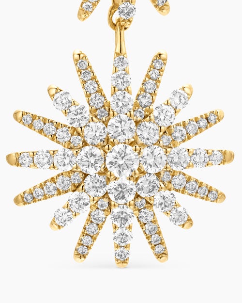 Womens Starburst Triple Drop Earrings in 18K Yellow Gold with Diamonds, 51mm