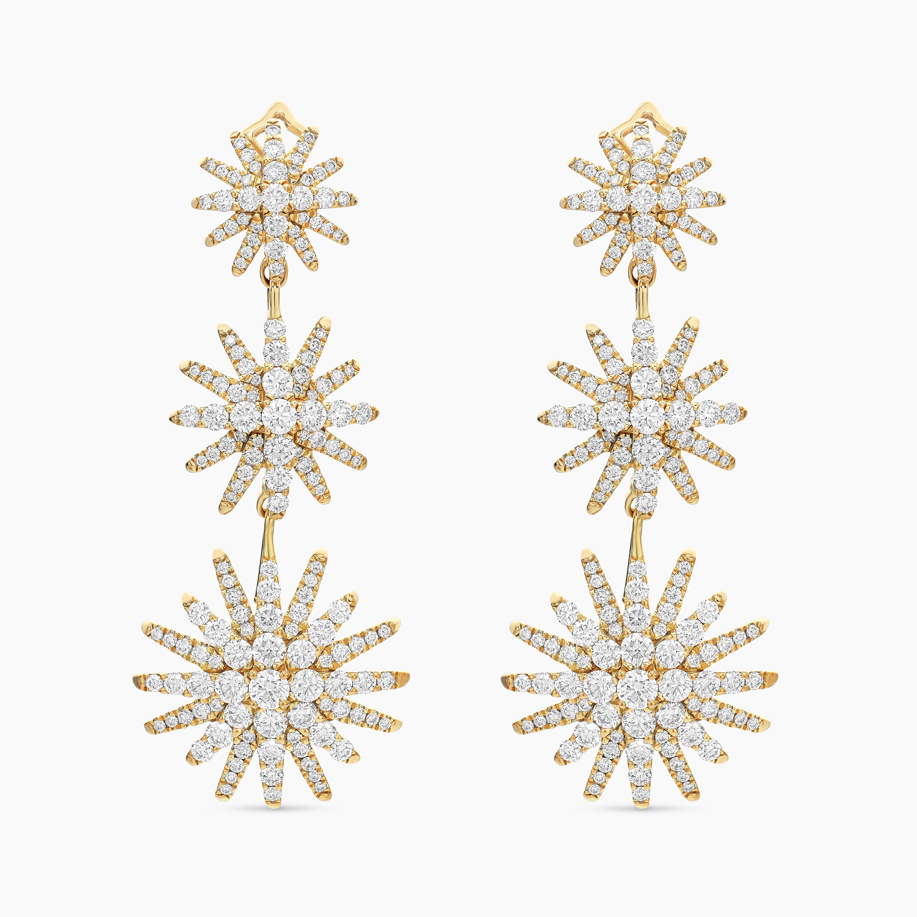 Womens Starburst Triple Drop Earrings in 18K Yellow Gold with Diamonds, 51mm