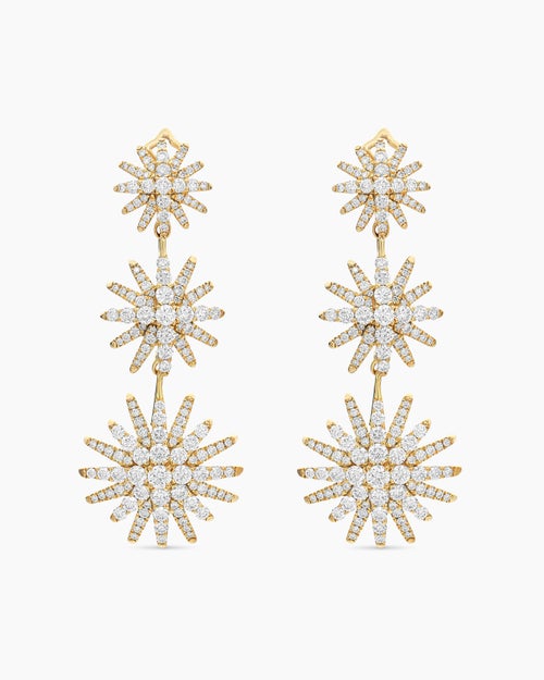 Womens Starburst Triple Drop Earrings in 18K Yellow Gold with Diamonds, 51mm