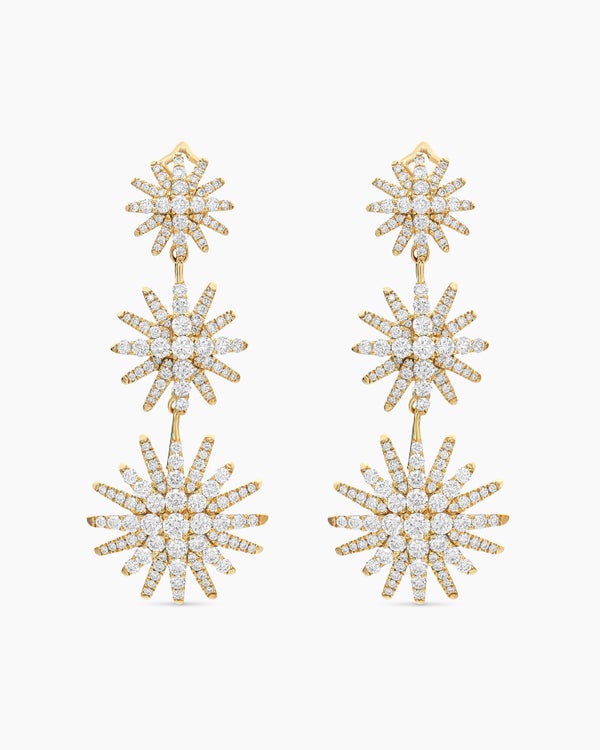 Starburst Triple Drop Earrings in 18K Yellow Gold with Diamonds, 51mm