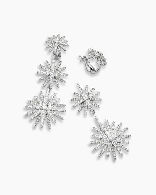 Womens Starburst Triple Drop Earrings in 18K White Gold with Diamonds, 51mm