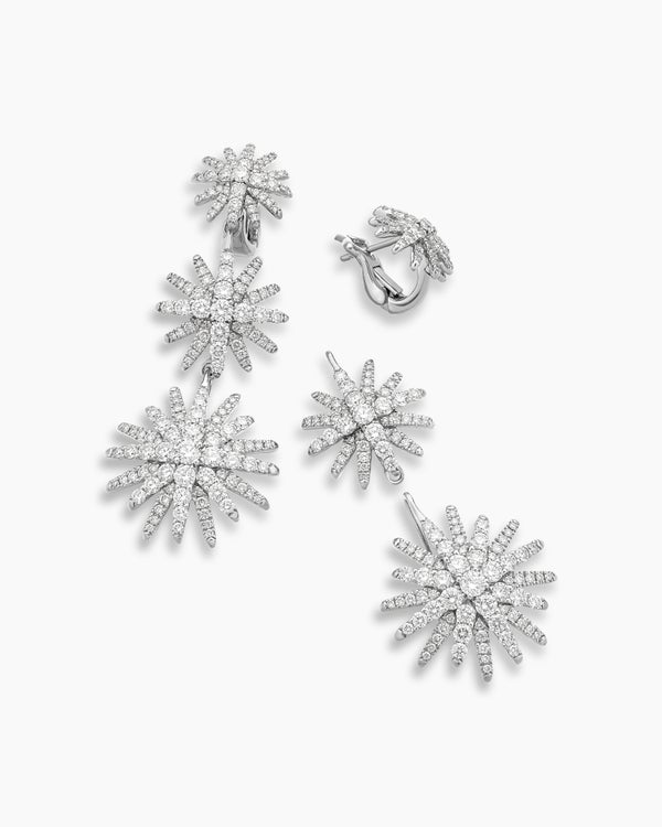 Starburst Triple Drop Earrings in 18K White Gold with Diamonds, 51mm