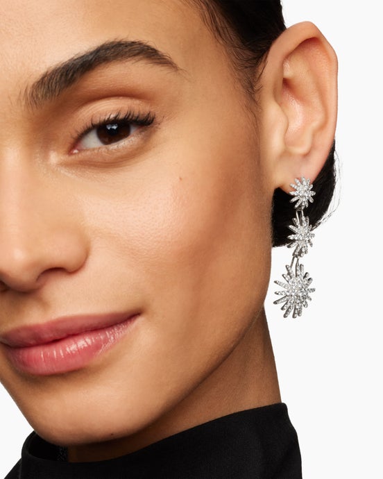 Starburst Triple Drop Earrings in 18K White Gold with Diamonds, 51mm