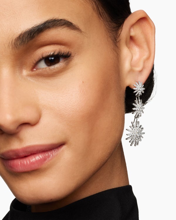 Starburst Triple Drop Earrings in 18K White Gold with Diamonds, 51mm