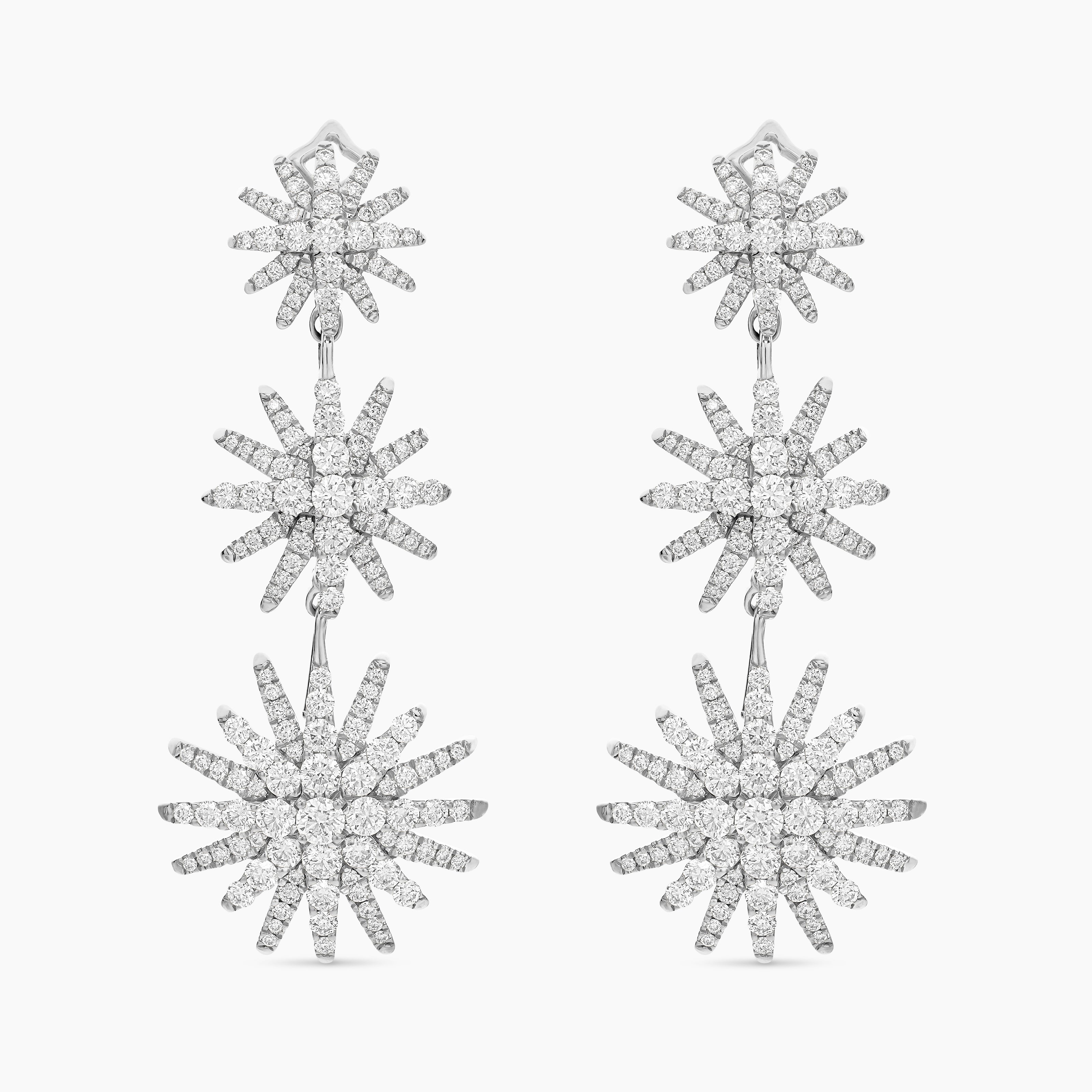 Womens Starburst Triple Drop Earrings in 18K White Gold with Diamonds, 51mm