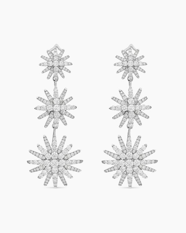 Starburst Triple Drop Earrings in 18K White Gold with Diamonds, 51mm