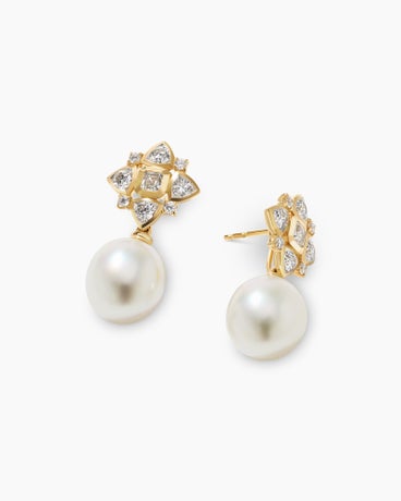Renaissance Pearl Trillion Drop Earrings in 18K Yellow Gold with Pearls and Diamond, 26mm