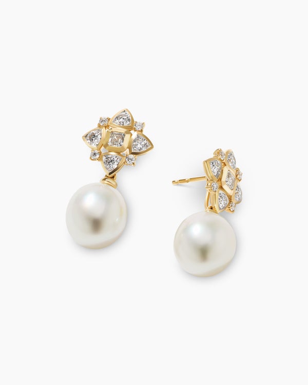 Renaissance® Pearl Trillion Drop Earrings in 18K Yellow Gold with Pearls and Diamond, 26mm