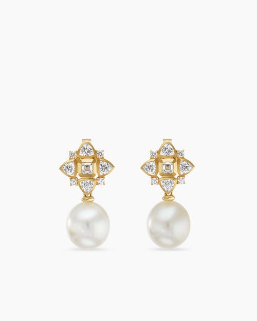 Womens Renaissance® Pearl Trillion Drop Earrings in 18K Yellow Gold with Pearls and Diamond, 26mm