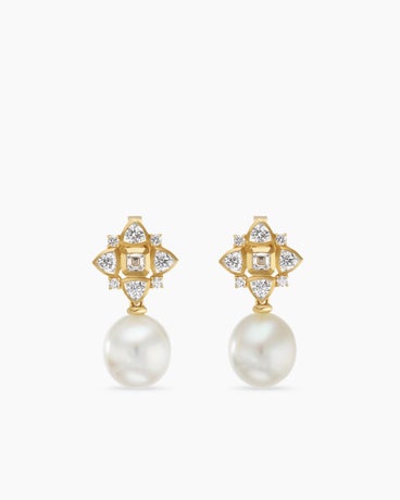 Renaissance Pearl Trillion Drop Earrings in 18K Yellow Gold with Pearls and Diamond, 26mm