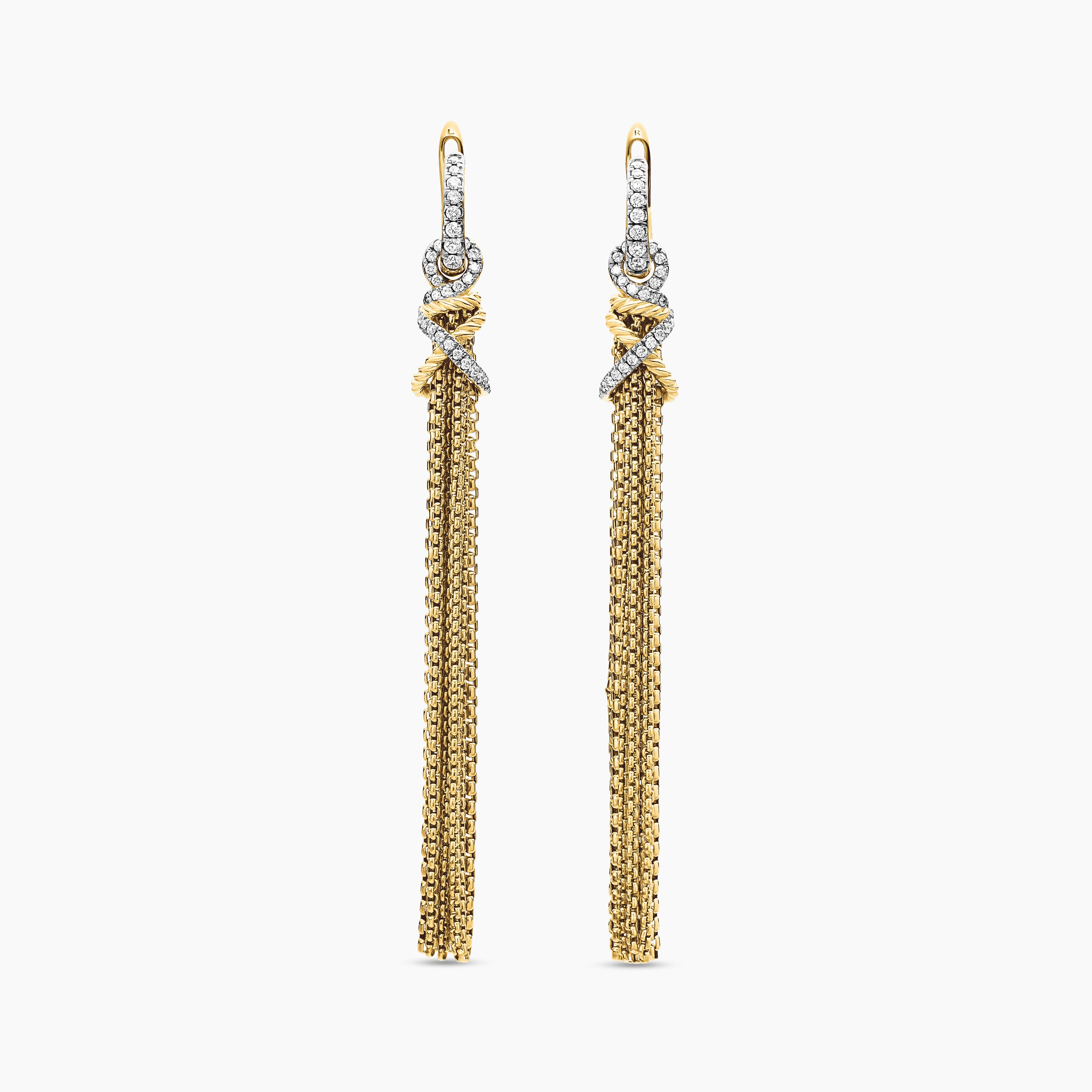 Womens Helena Chain Tassel Earrings in 18K Yellow Gold with Diamonds, 76mm