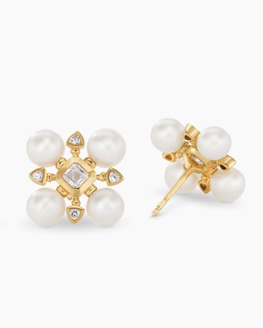 Renaissance Pearl Stud Earrings in 18K Yellow Gold with Pearls and Diamonds, 16.5mm