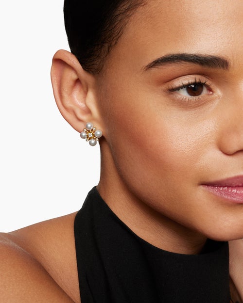 Womens Renaissance® Pearl Stud Earrings in 18K Yellow Gold with Pearls and Diamonds, 16.5mm