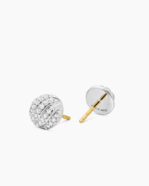 Womens Sculpted Cable Stud Earrings in Sterling Silver with Diamonds, 8mm