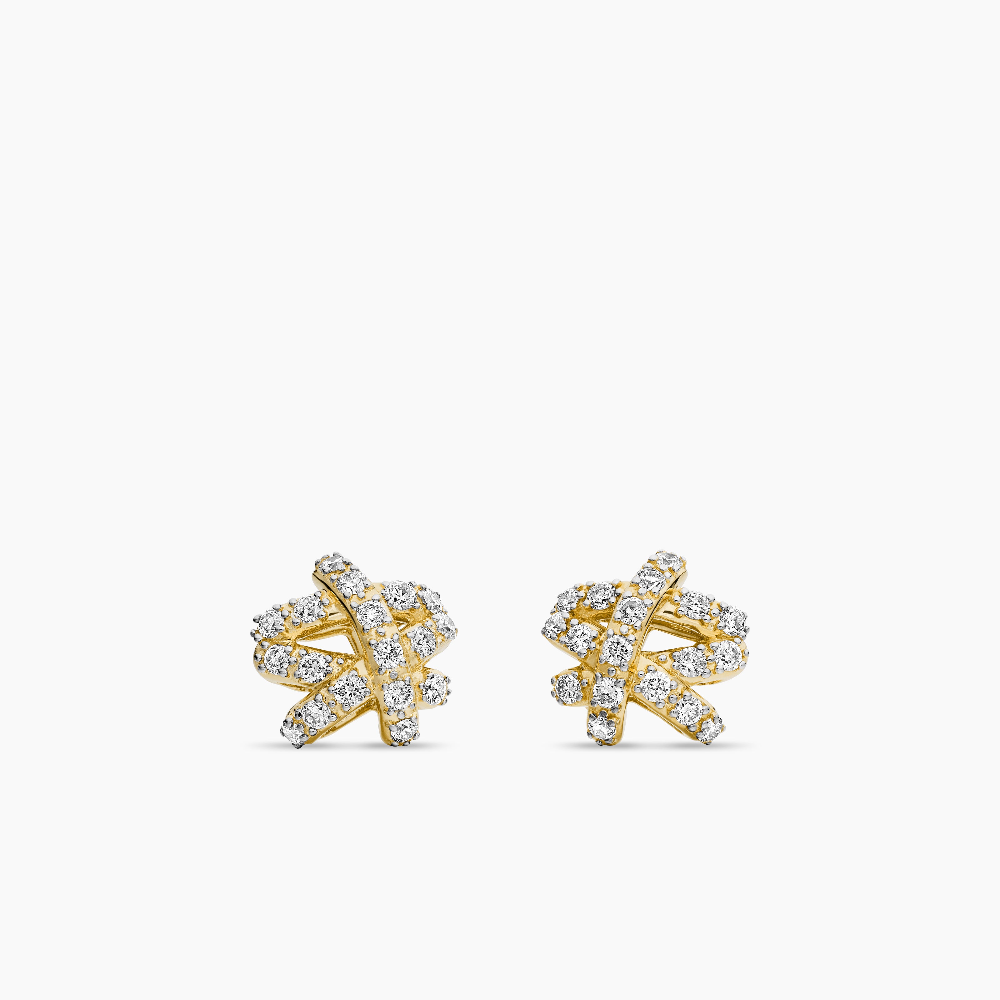 Womens Pav&eacute; Crossover Stud Earrings in 18K Yellow Gold with Diamonds, 9mm