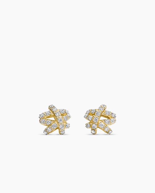 Womens Pavé Crossover Stud Earrings in 18K Yellow Gold with Diamonds, 9mm